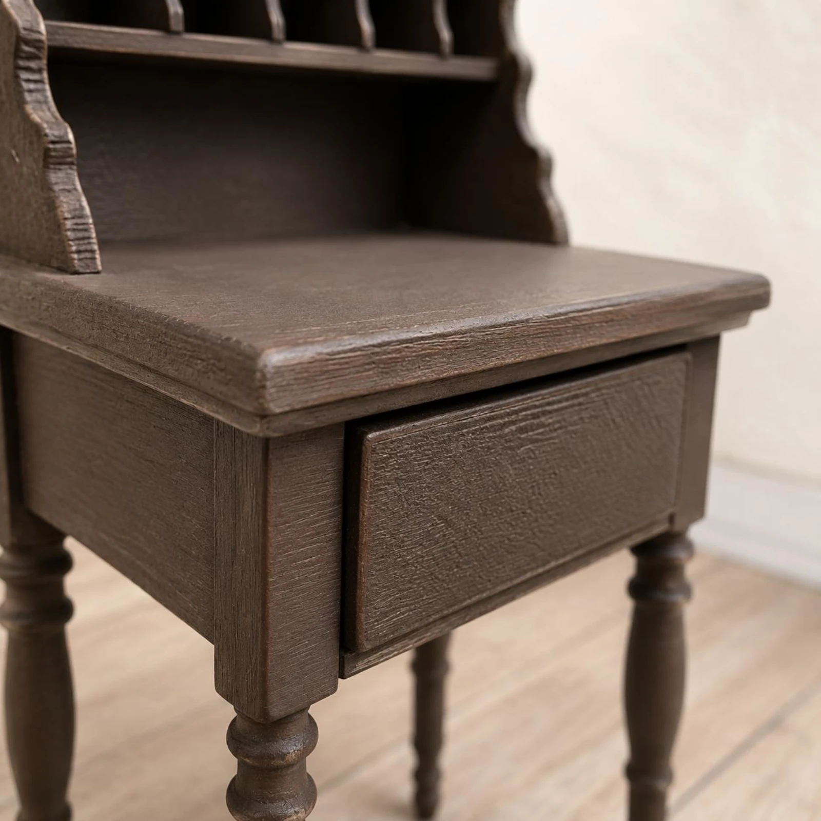 

European-Design Dollhouse Desk Turned Legs Dollhouse Desk with Hutch Miniature Table Front Drawer Textured Surface