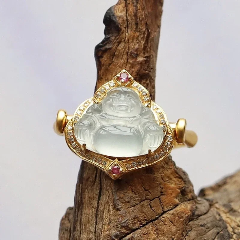 Silver inlaid natural ice jade chalcedony Buddha rings for women dual purpose ring pendant classic Chinese style jewelry gift