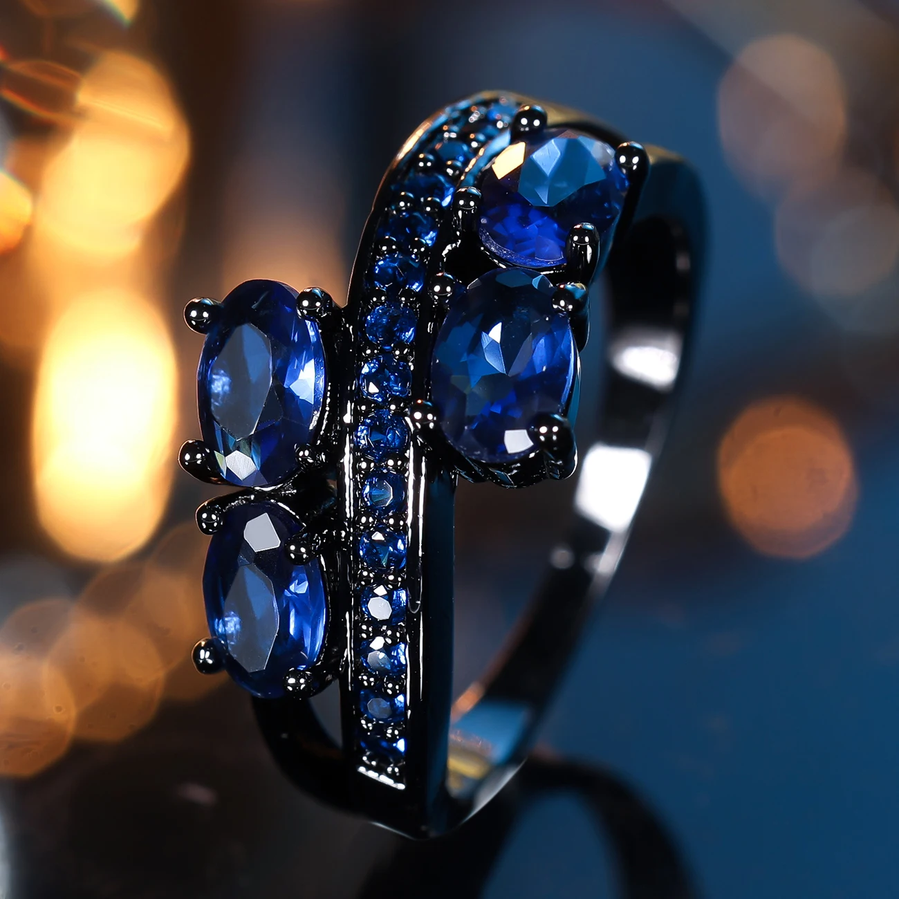 العصرية لطيف الإناث الأزرق البيضاوي الزركون حجر خاتم خمر موضة الذهب الأسود اللون مجوهرات الزفاف للنساء #2