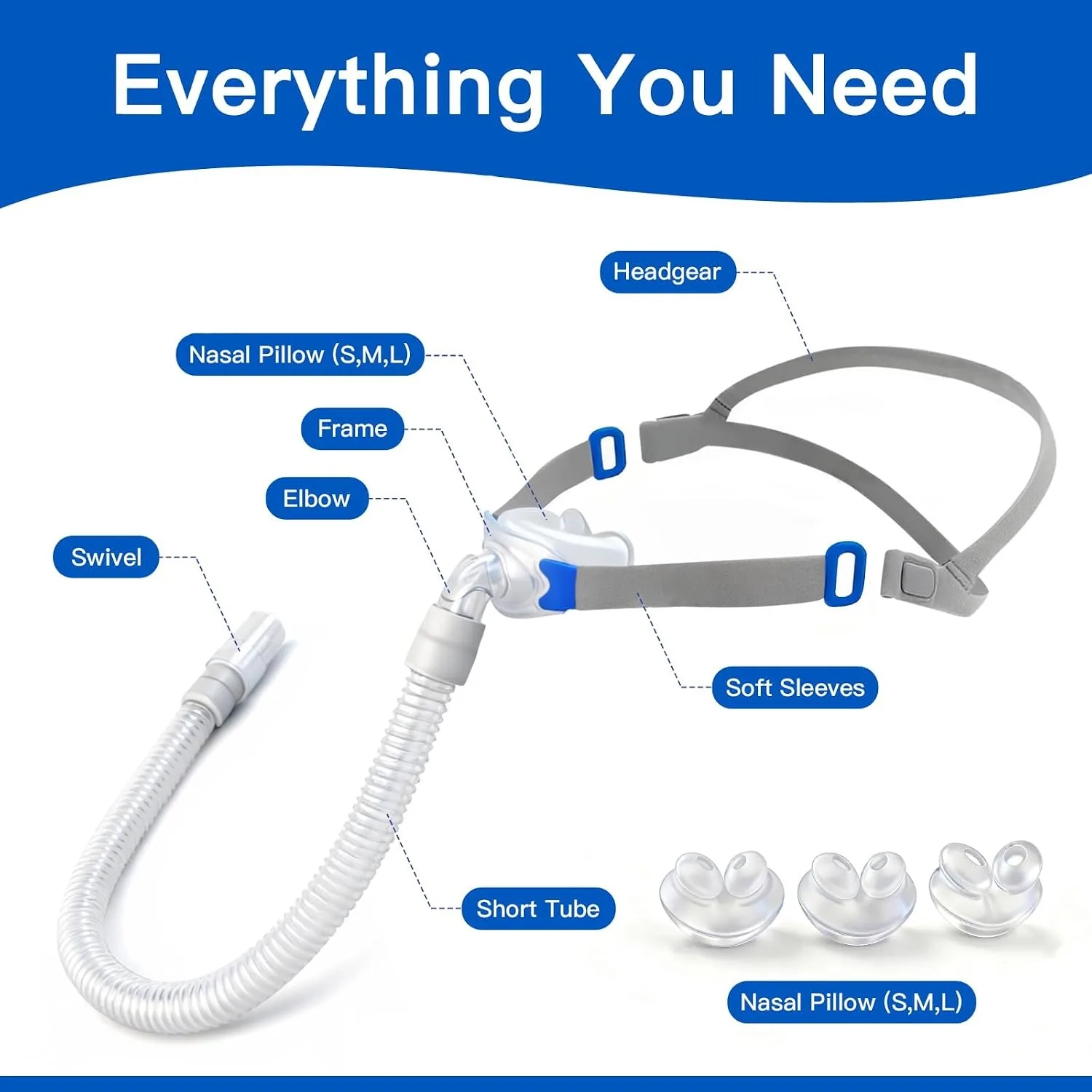 Universal Nasal Pillow CPAP Mask Full Set, Replacement Kit Includes Headgear, Frame, Tube & S/M/L Cushions, for Anti Snoring - view 2