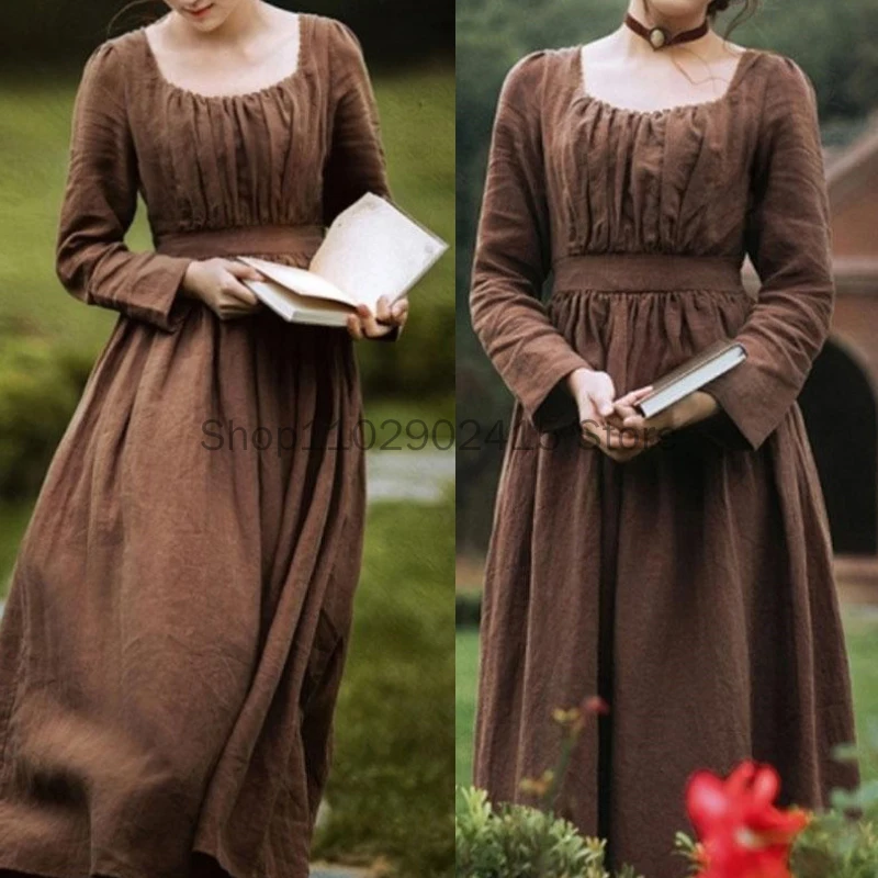 

2023 New Women Medieval Victorian Retro French Apparel Dress Square Collar Long Sleeves High Waist BrownTemperament Long Dress