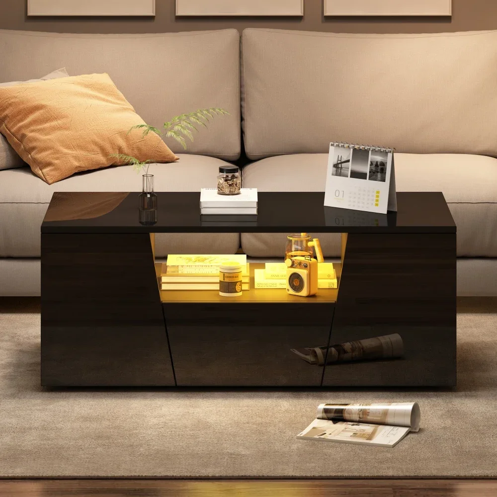 Table basse 100*50*40cm, table de canapé avec lumière LED, table de salon haute brillance avec 2 placards, table d'appoint, noir