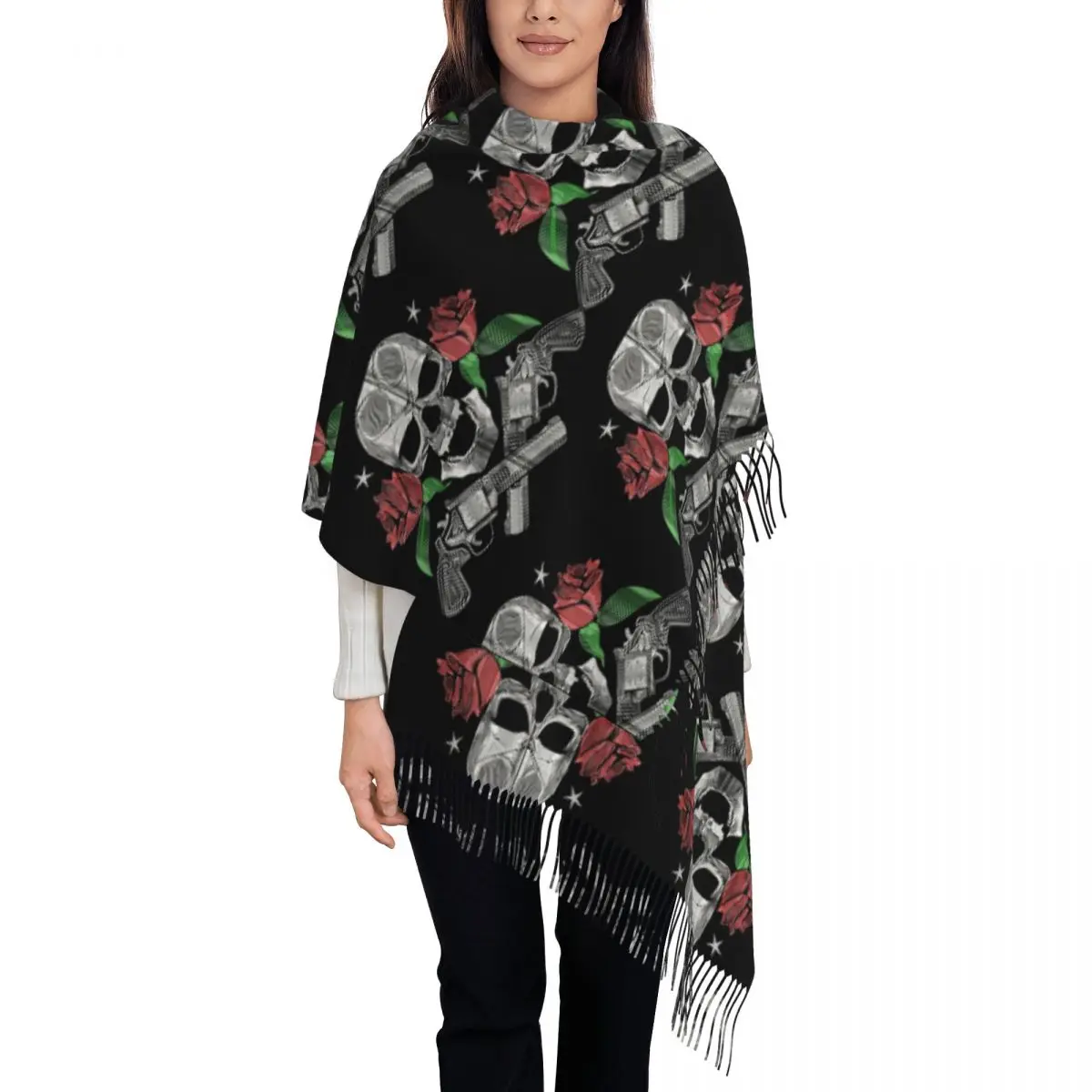 

Red Roses With Guns And Skull Design Zip Hoodie Scarf Tassel Scarves for Women Soft Warm Shawls and Wraps Fall Winter Shawl Wrap