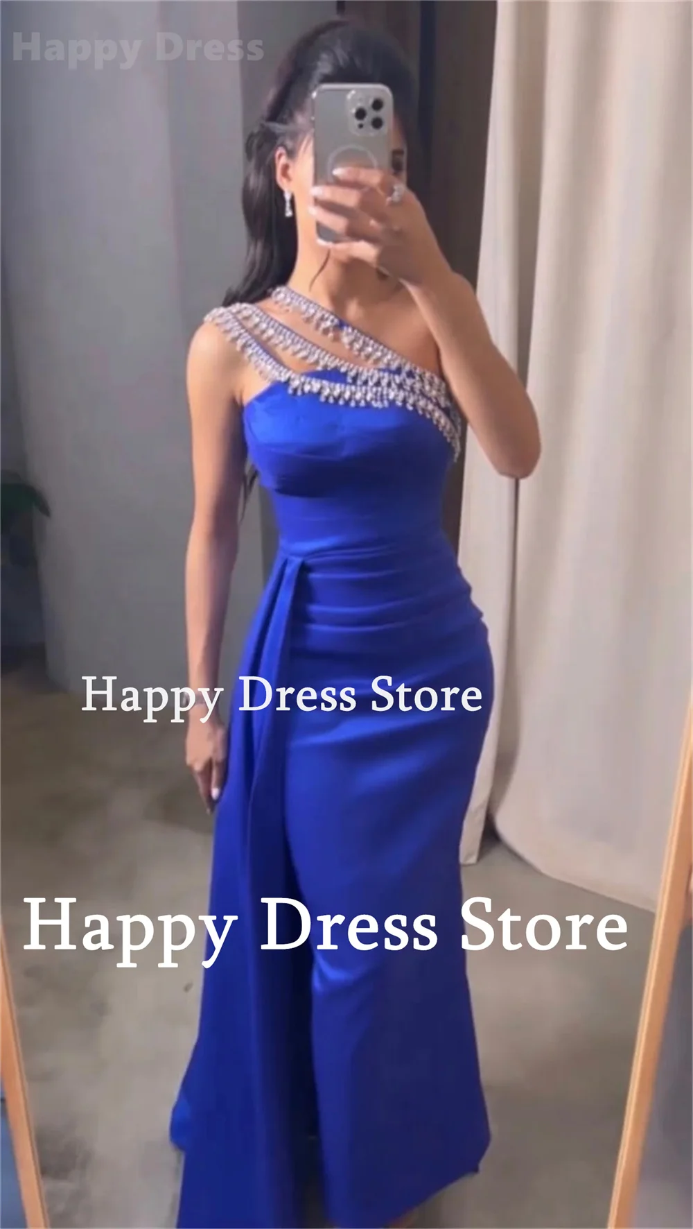 Gaun Prom biru Royal baru gaun malam tanpa lengan seksi gaun pesta applique manik-manik gaun Formal panjang lantai Satin putri duyung