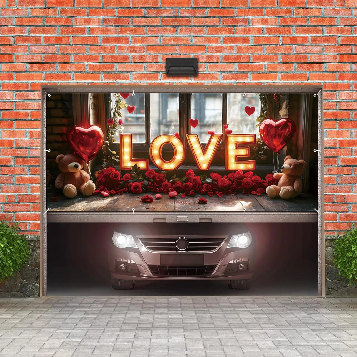 Valentine's Day Sparkling Love Garage Wall Background Red Love Balloon Flower Teddy Bear Garage Door Frame For Courtyard Decor