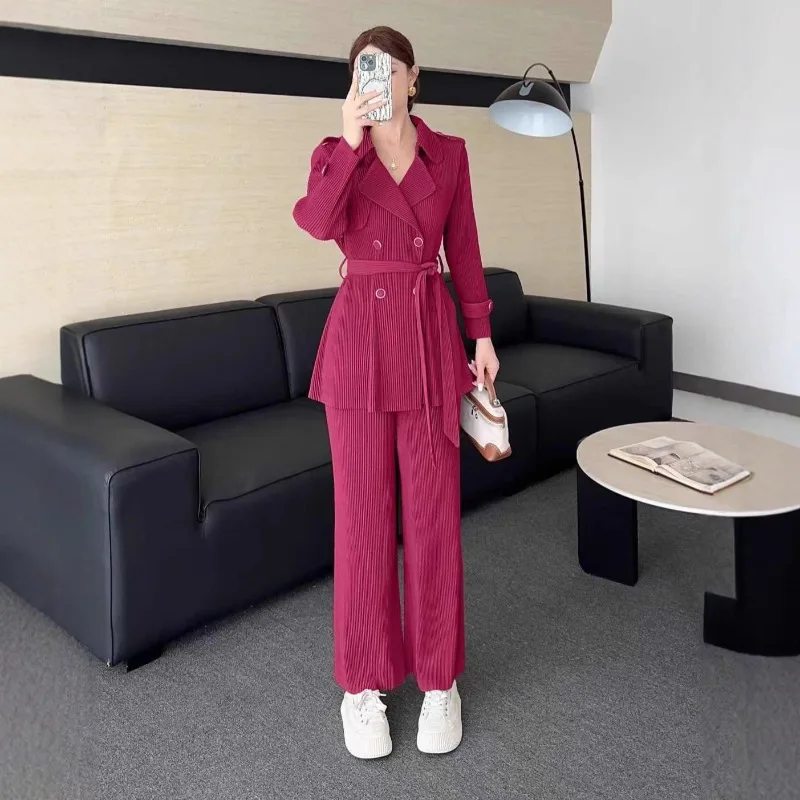 Miyake conjunto de calças plissadas 2025 outono novo terno plissado de renda terno feminino trespassado terno colarinho simples conjunto completo de 2 peças