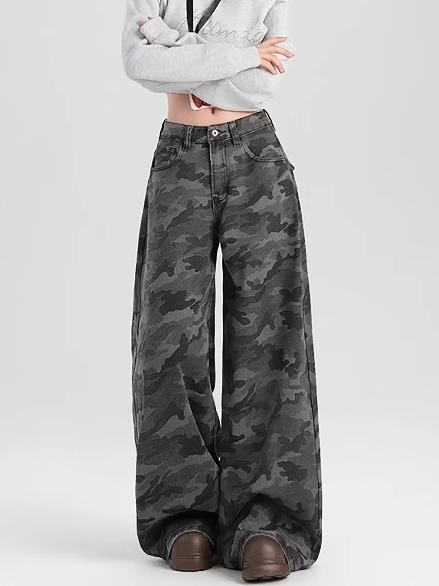 

Camouflage High Waist Workwear Jeans Women's Autumn Winter plus Size Wide Leg Pants Multiple kets Hip Concealing