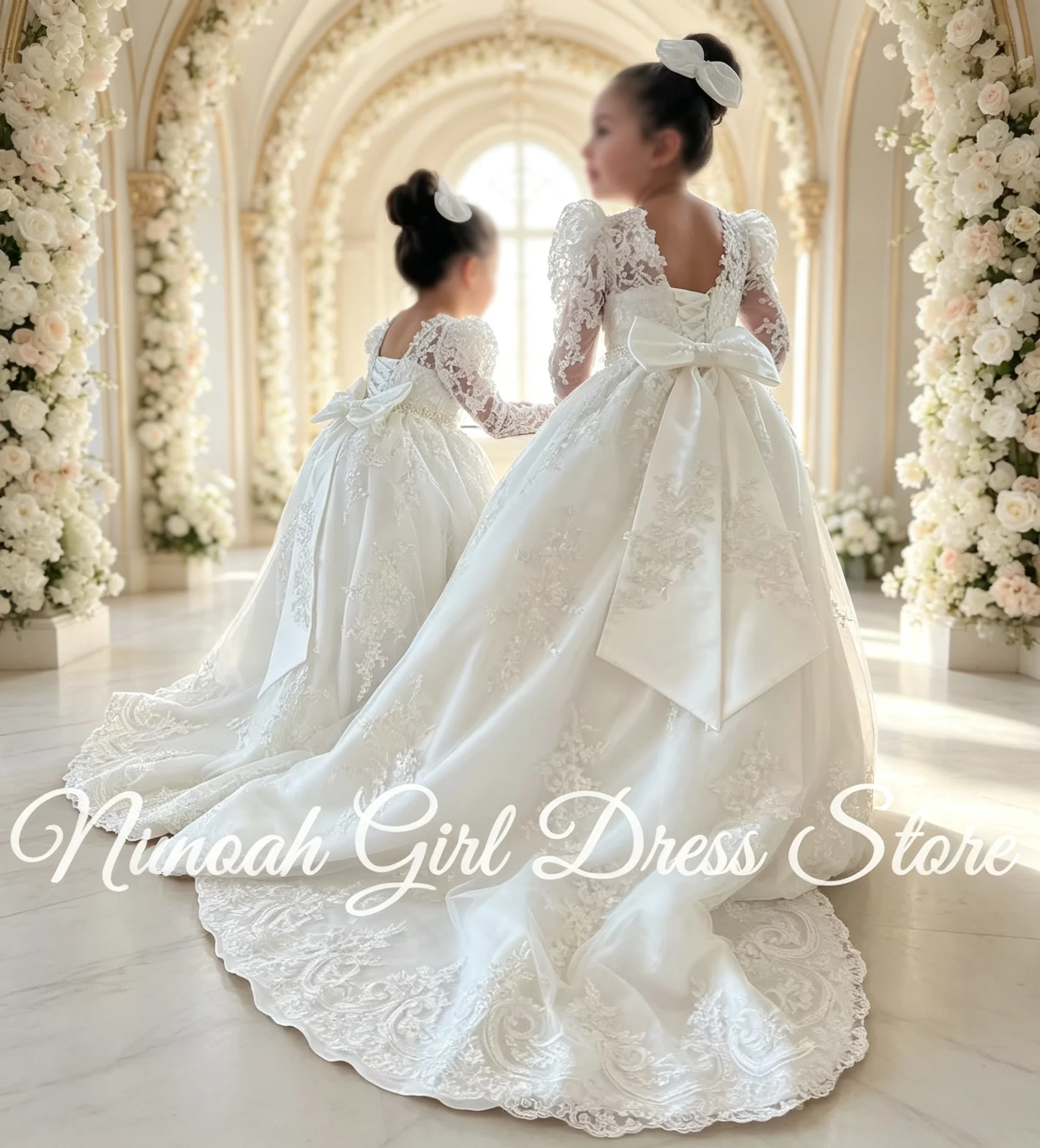 White Flower Girl Dresses for Wedding with Bow Lace Appliques Full Sleeves Girls Birthday Party Communion Party Gowns Customized