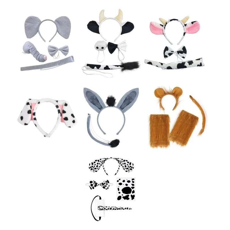 

3 4 Lion Costume for Kids-Elephant/Dog/Cow Ears Headband Tail Bowtie Tail Nose Gloves Animal Cosplay Accessories