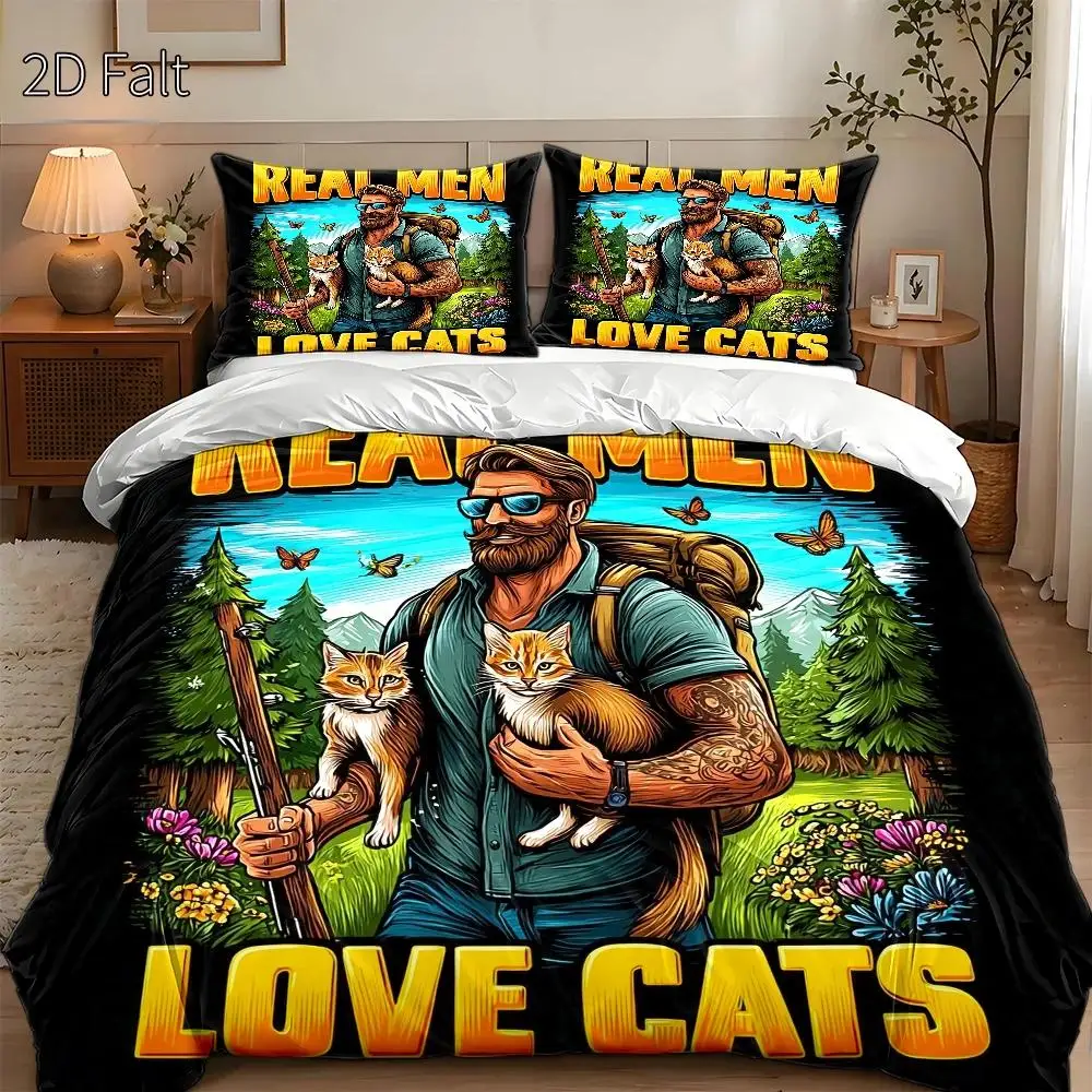 3-Piece Quilt Cover Set, 1 Quilt Cover + 2 Pillowcases (Without Filling), for Outdoor Cat Lovers, Hand-Drawn Illustration Style, Natural Scenery, Outdoor Activities, Cute Pets, Suitable for All Seasons, Machine Washable, for Home, Dormitory, Master Bedroom, All Seasons