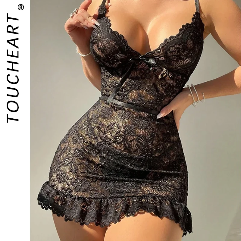 

Sexy Lingerie Lace Mesh See-Through Suspender Slit Pajamas For Women Bow Knot Lace Up Frill Erotic Lingerie Babydoll Lace Dress