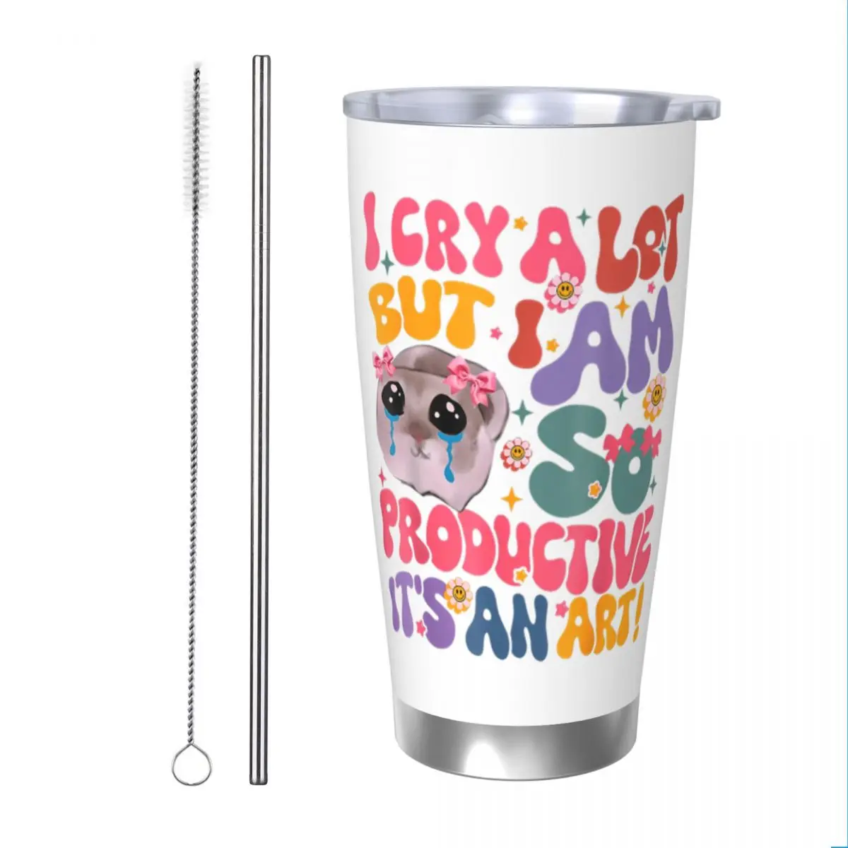 I Cry A Lot But I Am So Productive Hamster Insulated Tumbler with Straws Lid Vacuum Coffee Mugs Office Home Car Bottle Cup, 20oz