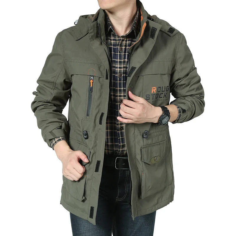 Chaqueta impermeable al aire libre para hombre, abrigo de concha suave con sombrero desmontable, rompevientos transpirable con bolsillo medio y largo, para caza, Otoño, talla grande