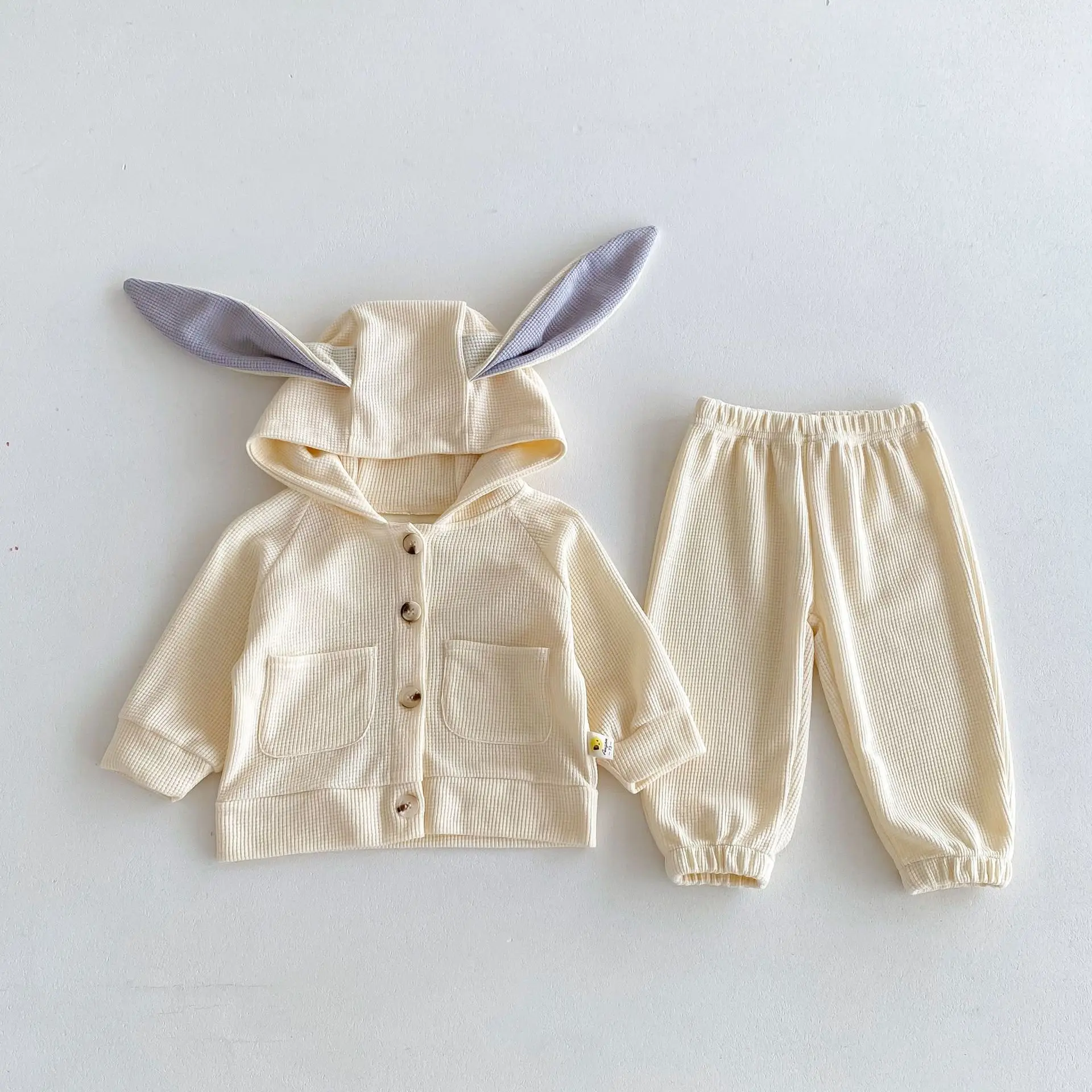 Ins 2024 Autumn Baby Girls 2PCS Clothes Set Rabbir Ears Pocket Hoodies Coat Solid Loose Pants Suit Toddler Girls Outfits