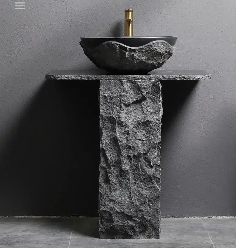 

Black Granite Pedestal Sink, Bathroom Stone Sink, Washing Basin, Complimentary Matching Taps and Downcomers