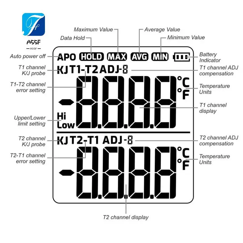 

A55F-Термопарный термометр Цифровой термометр типа K с 4 термопарами, -328-2500 ℉ Диапазон измерения Термометр HVAC