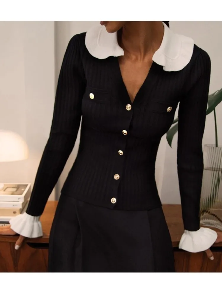 

25025 French Pullover Elegant Temperament Vintage Ruffles Lotus Leaf Sleeve Slim Contrast Knitted Simple Style All-match Sweater