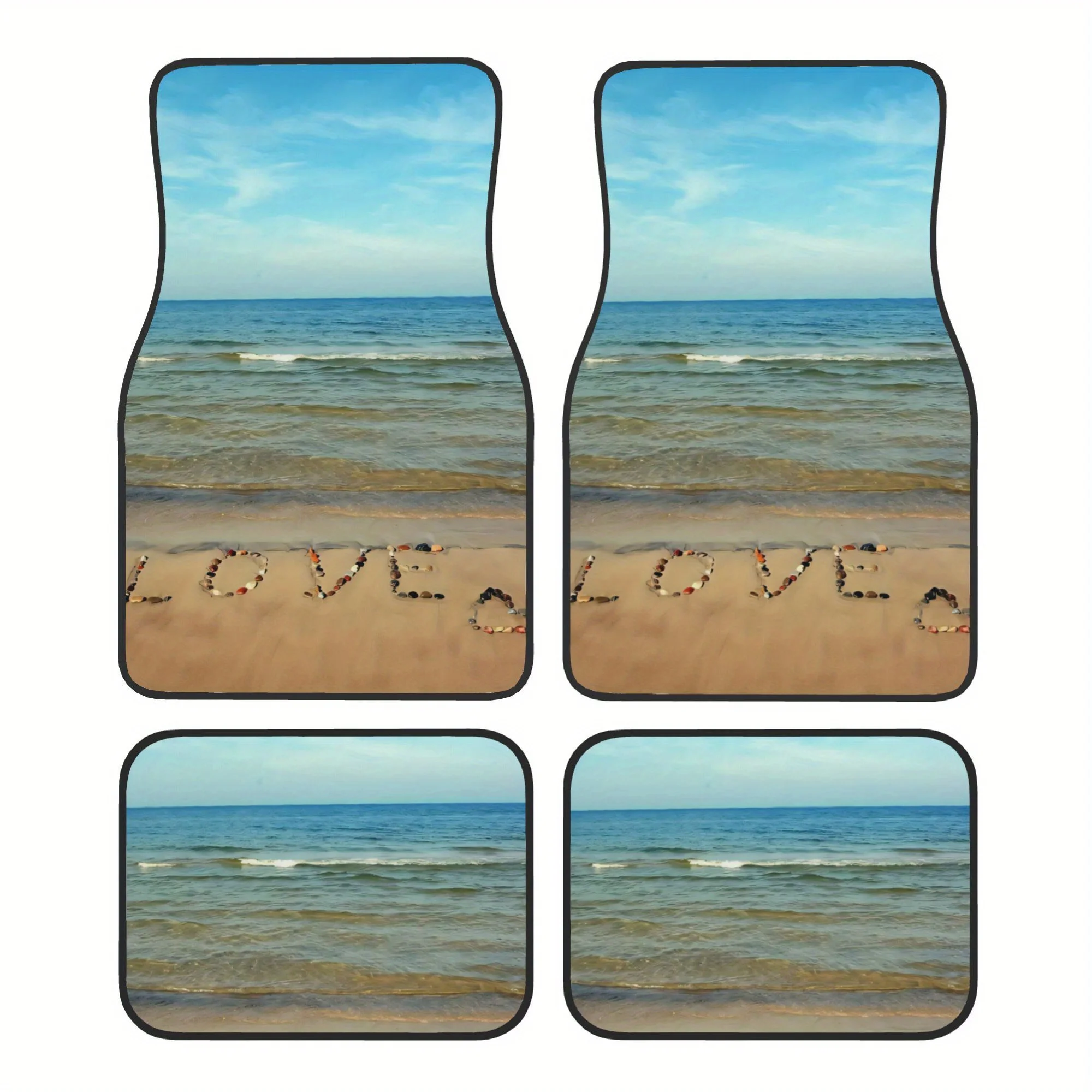 This Image Shows The Word 'Love' Inscribed In The Sand On A Beach. It Features Universal Car Floor Mats Made Of Polyester, Desig