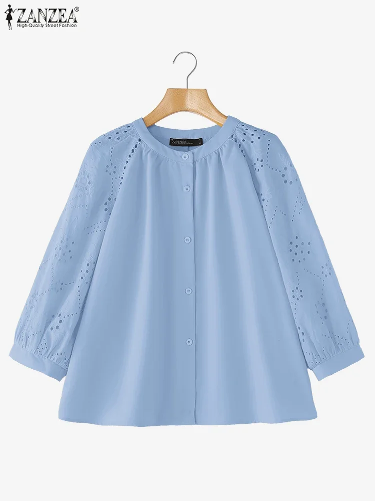 Vintage Lace Shirts Women Elegant OL Work Tunic Fashion Three Quarter Hollow Out Blusas 2025 ZANZEA Casual Loose O Neck Tops