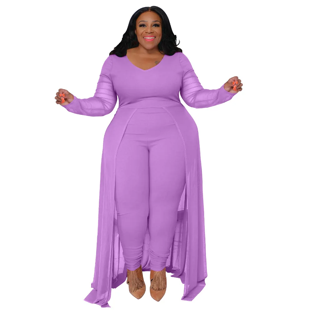 New Arrivals Plus size  Women Clothing Long-sleeved Stitching Stretch Jumpsuit for Party Club Rompers with Pocket 2024