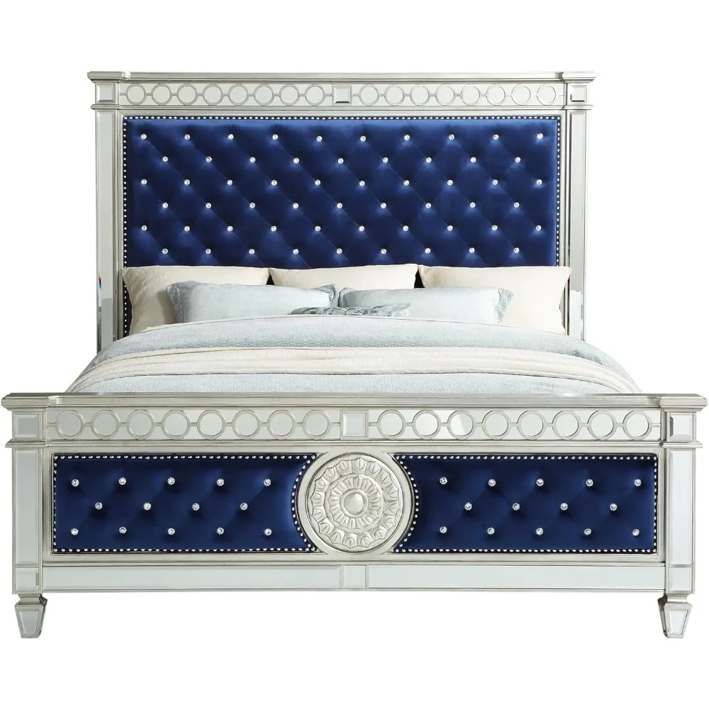 Queen Bed Frame, Queen Upholstered Panel Bed in Blue Velvet and Mirrored, Box Spring Required,bedroom Furniture Bed