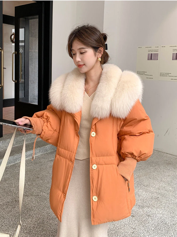 Winter New Big Fur Collar White Duck Down Puffer Fur Snow Parka Medium Length Coat for Women Warm Thicken Loose Jacket