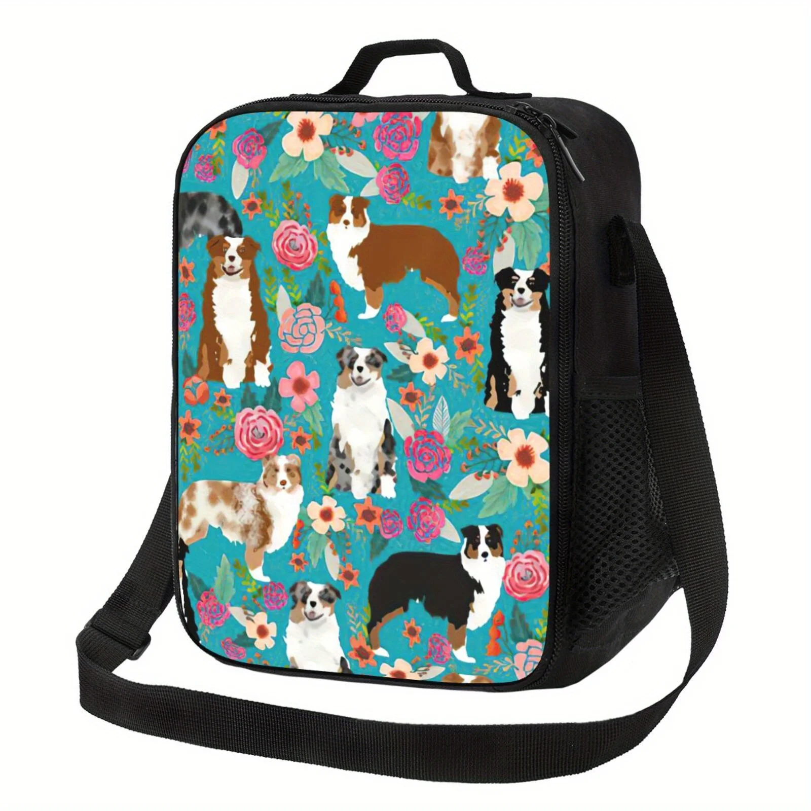 Australian Shepherd Dog Floral Print Insulated Lunch Bag with Adjustable Strap for Work Travel Picnics