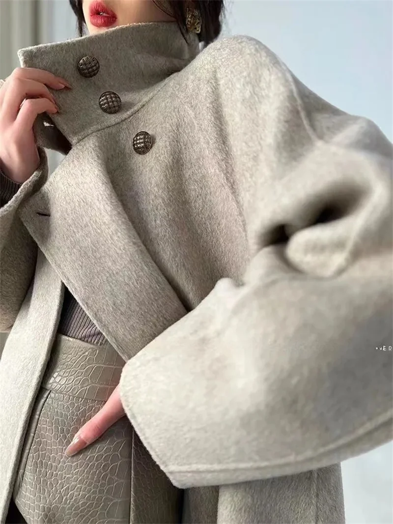 100% Wool Coat Women Full Sleeve Loose Long Cashmere Coat 2024 Autumn Winter Lady Commute Overcoat Lapel Belt Jacket