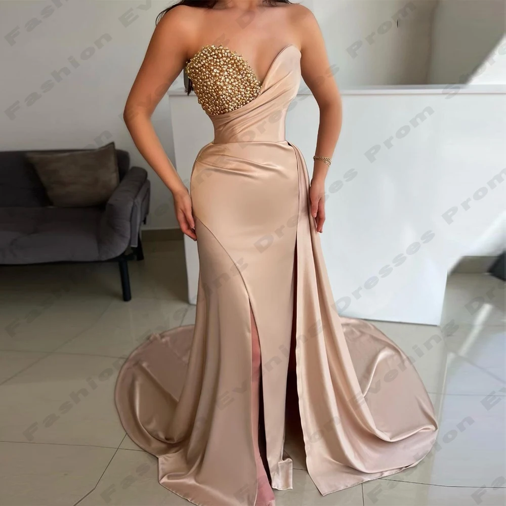 Elegant Gorgeous Satin Evening Dresses For Women Romantic Beading Sexy Off Shoulder Sleeveless Party Female Mopping Prom Gowns