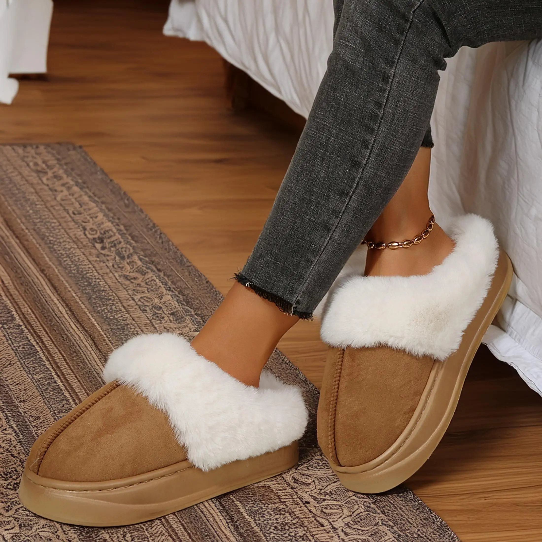Women's Plush Lined Mule Slippers Cozy Suede Slip-Ons with Plush Cuff for Winter Warmth Indoor Outdoor Shoes view 6