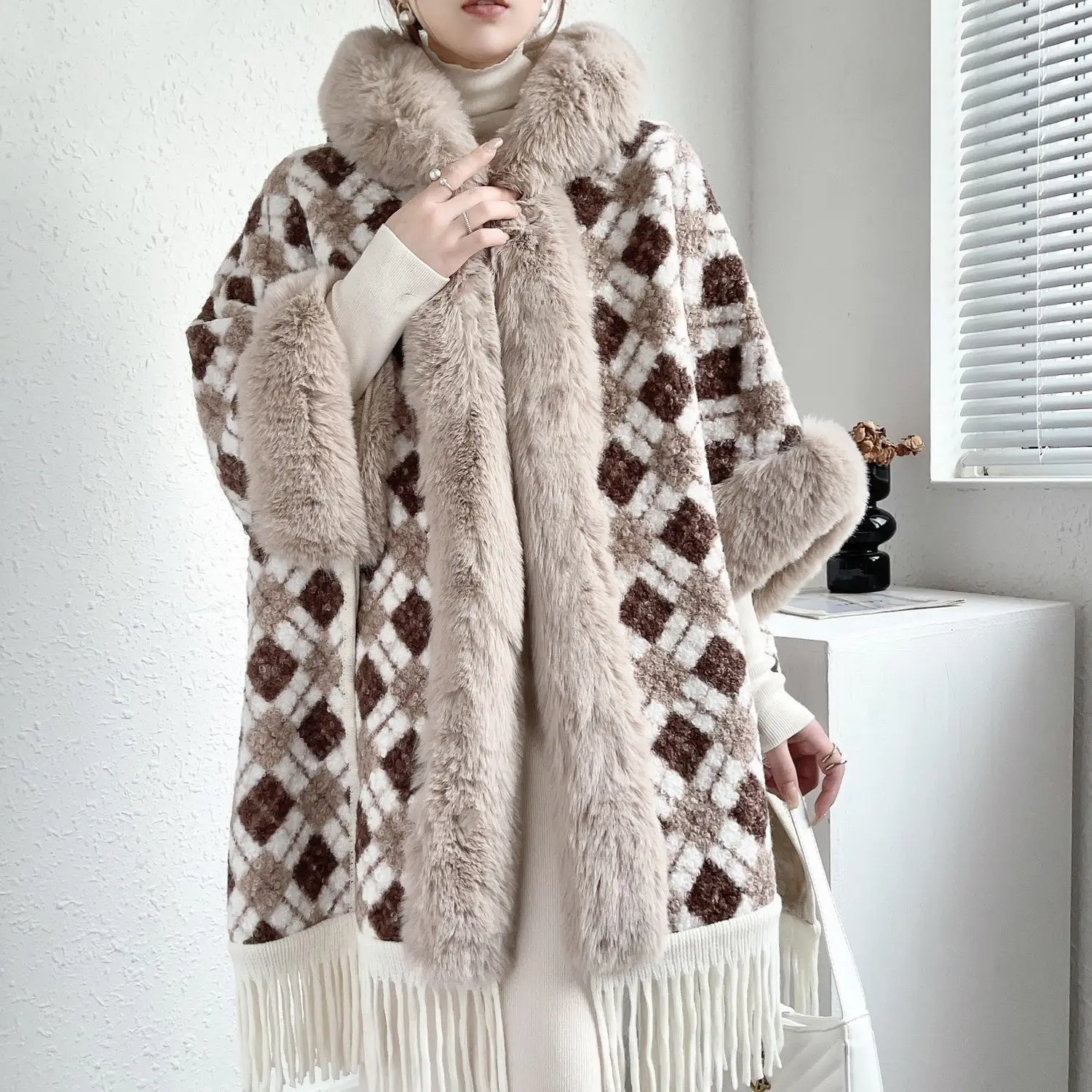 Warm Winter Women Tassels Plaids Shawl Coat Plush Thickened Fleece Fringed Hooded Capes Jacket Mid Length Scarf Cardigan Ponchos