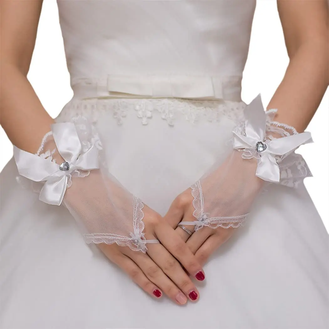 Guantes cortos sin dedos de encaje blanco para boda, guantes de encaje con lazo para novias y damas de honor