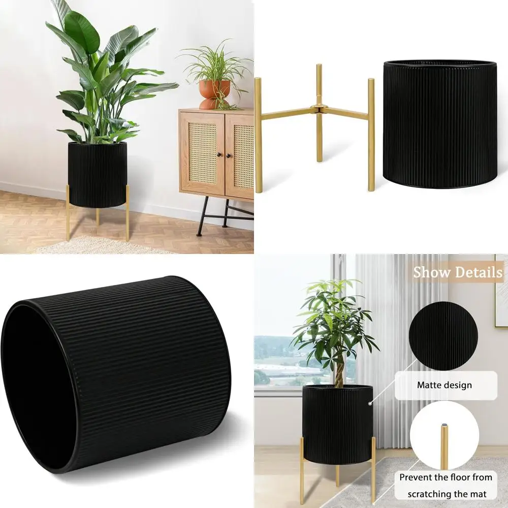 

Набор из 2 больших круглых кашпо с подставкой, металлические горшки для гостиной, офиса, сада или балкона, 10,5 и 12,25 дюймов, черные и золотые