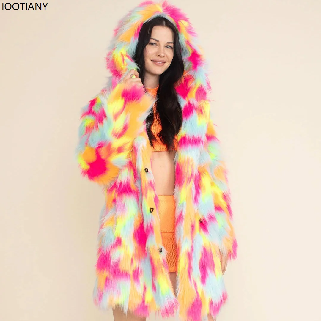 Fox Fur Coat In Europe And The United States Dazzle Color Hooded Fall And Winter Warm Mid-length Women's Imitation Fur Coat