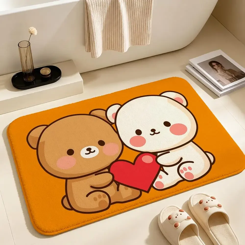 Heart Balloon Holding Bear Couple Floor Mat Soft Non-Slip Bath Mat, Bedside Carpet, Absorbent Doormat for Home