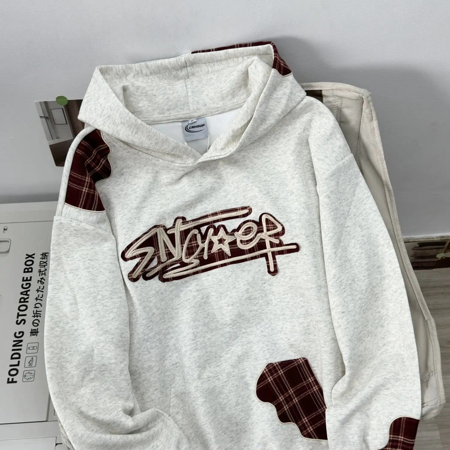 Spliced plaid embroidered hooded sweatshirt for women in autumn and winter high street trendy brand couple loose hoodie jacket