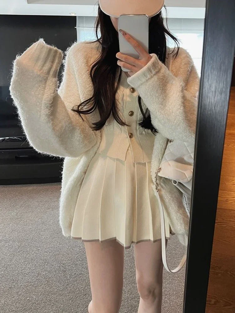

Sweet 2 Piece Skirt Set Women Casual Long Sleeve Knitted Suits Korean Style Cardigan + Slim Y2k Mini Skirt Outwear 2023 Autumn