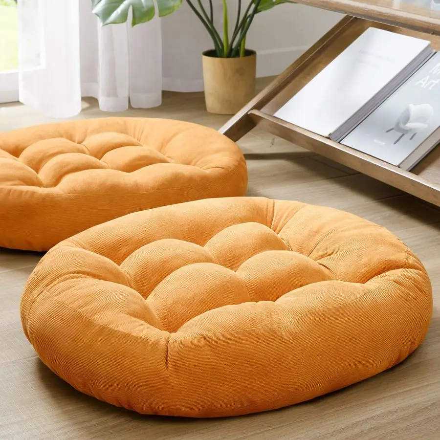 

Cushion Pillow Set of 2, Round Large Pillows Seating for Adults, Tufted Corduroy Cushions for Living Room Tatami, Orange Yellow,