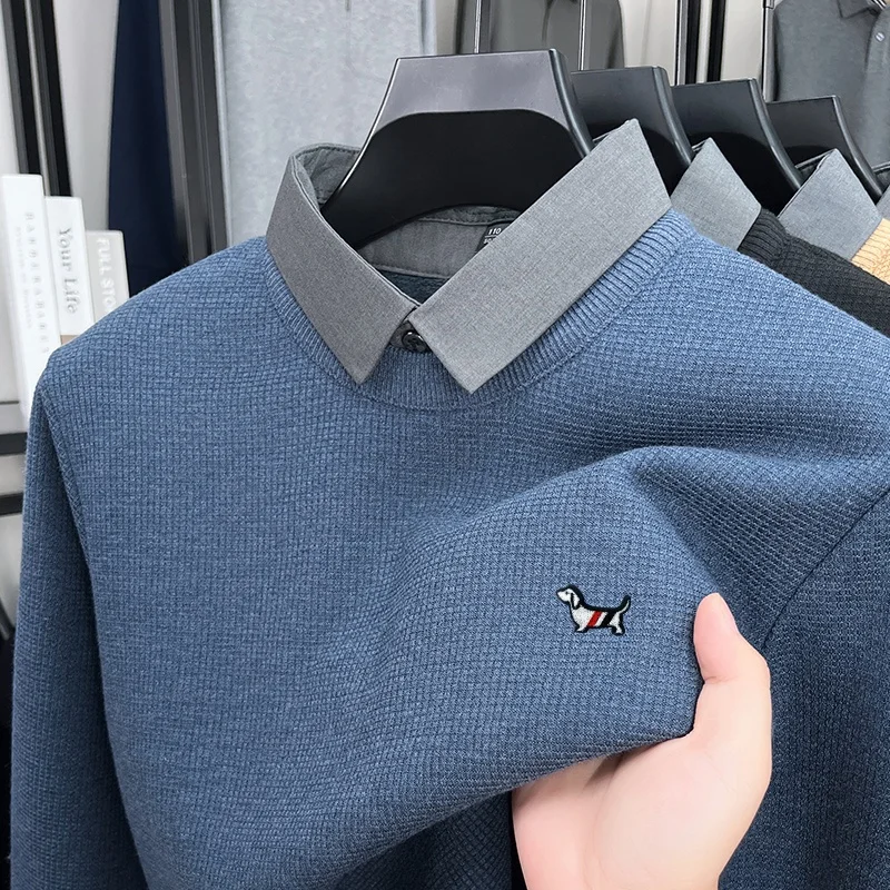 high quality men's autumn winter long sleeves knitwear lapel luxury embroidery exquisite sweater fashion trend men clothing tops