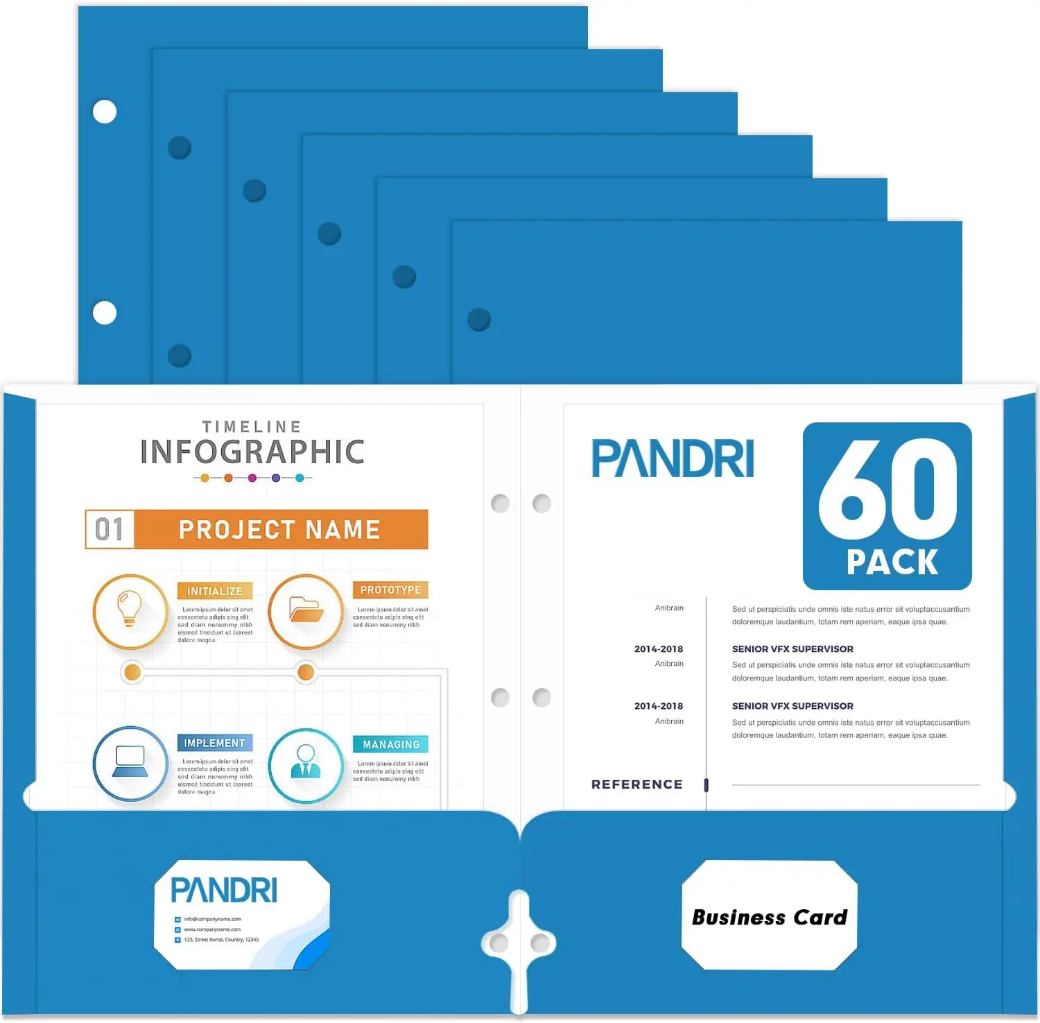 

Two Pocket Portfolio Folders, 60 Pack with 3 Hole Punched for Binders, Letter Size File Folders in Blue for School Office Home