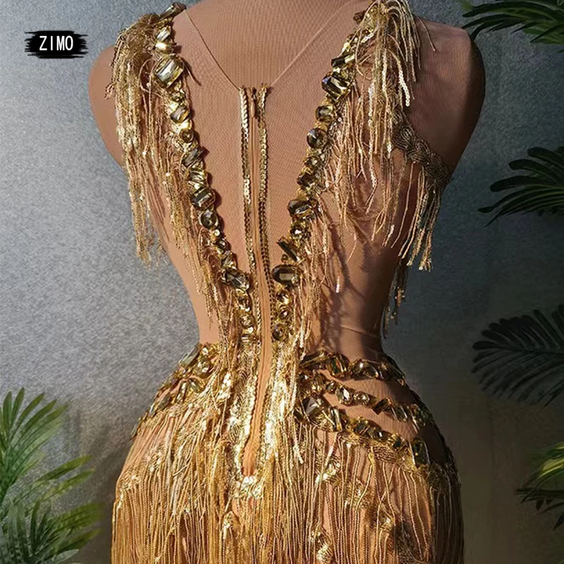 Glisten gold Rompers Women Stretch fringe sequin Jumpsuit crystal rhinestone Bodysuit Nightclub party dance performance Costumes