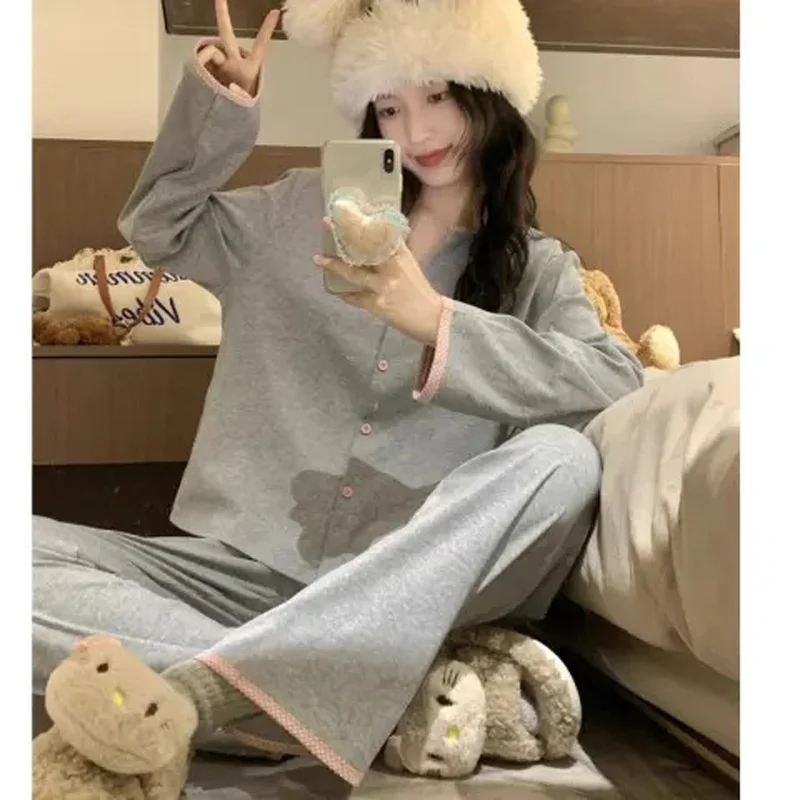 

Spring and Autumn New Women's Pajamas Homewear Set Girls Long-Sleeved Loose Cardigan Girls Outside Casual Pajamas Homewear Set