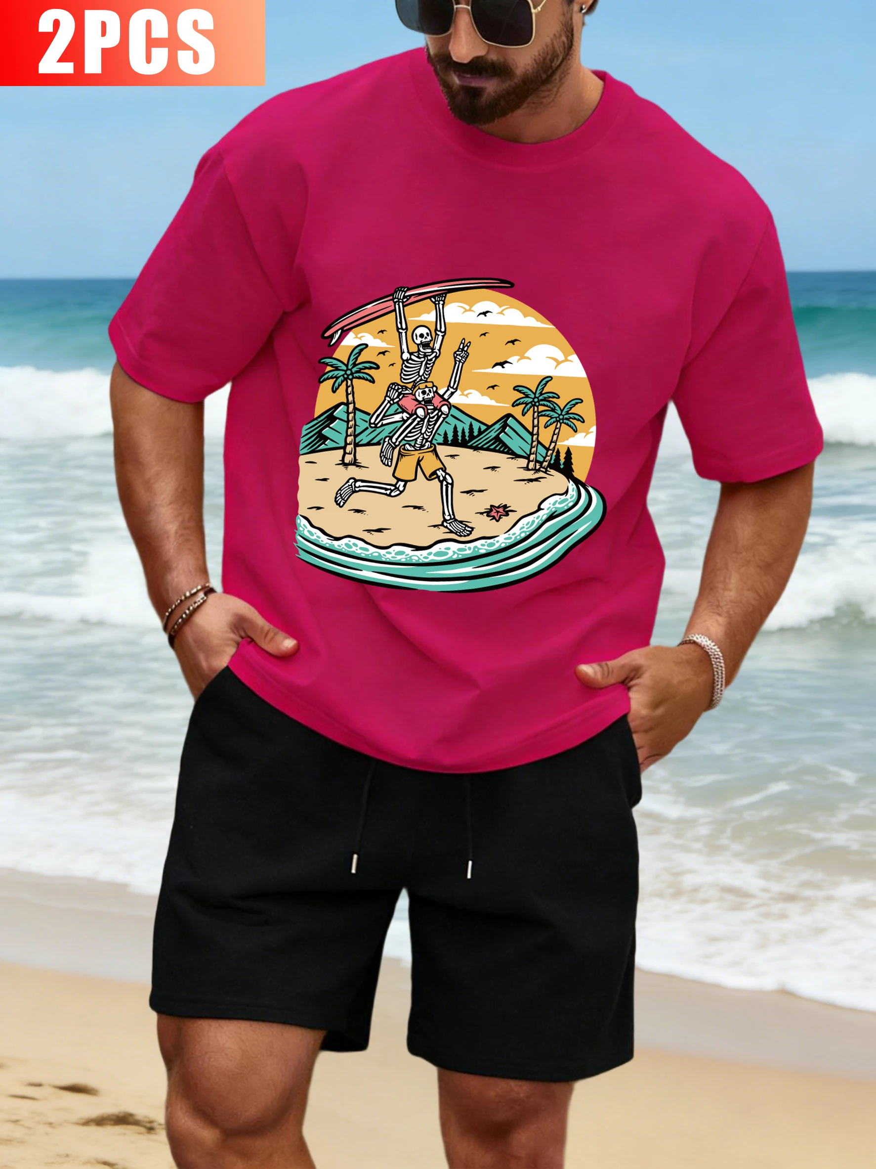 

Мужской комплект футболок и шорт с принтом «Два скелета на отдыхе у моря», хлопковая повседневная футболка, летние широкие шорты, унисекс, модная свободная одежда