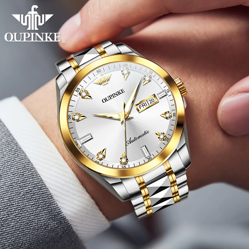 OUPINKE 3286 Men High end Fully Automatic Mechanical Watch Original HD Diamond Dial Tungsten Steel Strap Waterproof Men Watch