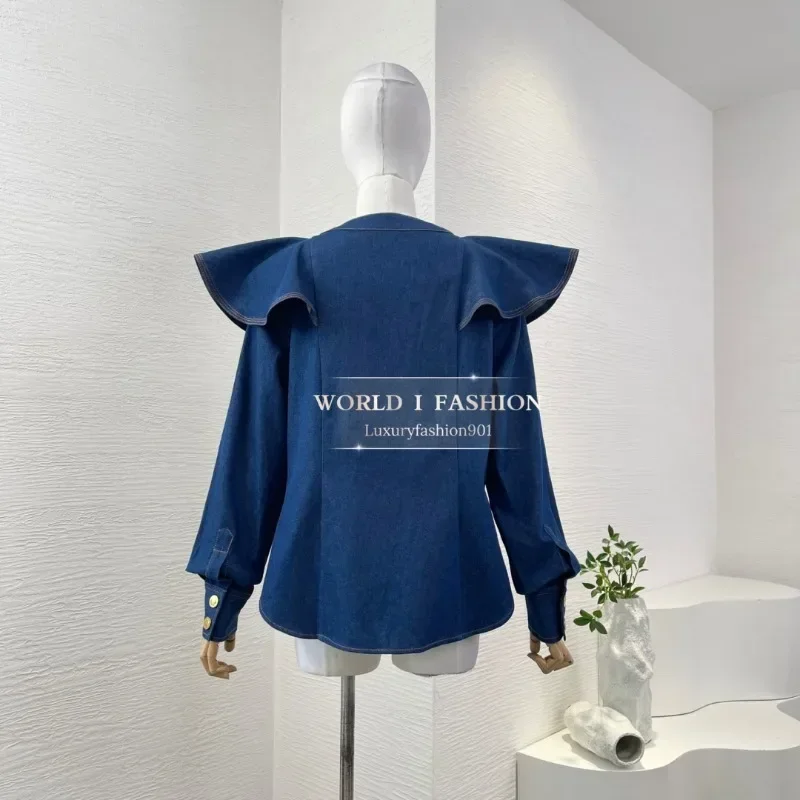 

Navy Blue Denim Jeans Long Sleeve Blouse Tops and Skirt Set 2025 Cotton