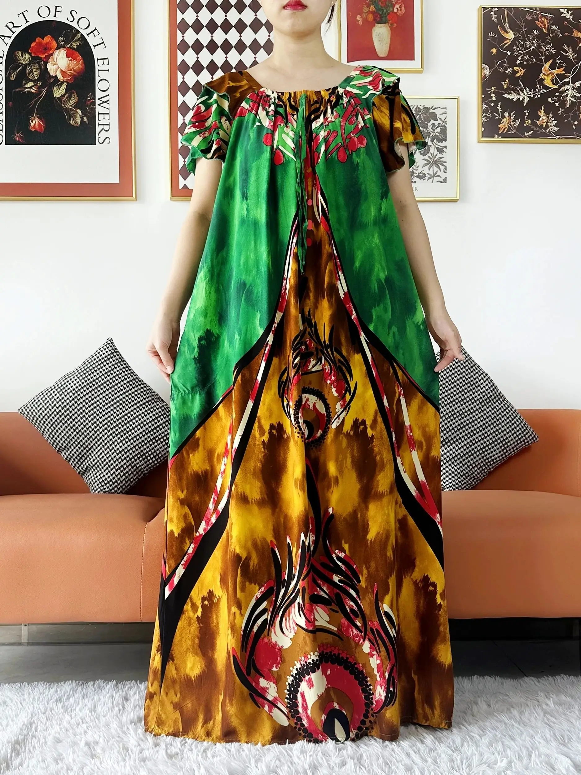 2024 Nowa muzułmańska abaja dla kobiet Boat Neck African Cotton Maxi Printed Loose Floral Boubou Maxi Islam Women Short Sleeve Abaya