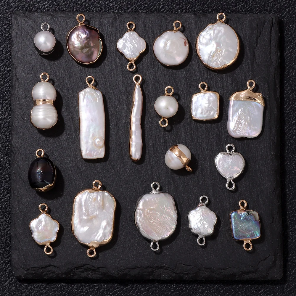 2PCS Freshwater Natural Pearl Charms Round/Flower/Square/Heart Baroque Pearl Connectors Pendant For Jewelry Making Bracelet DIY