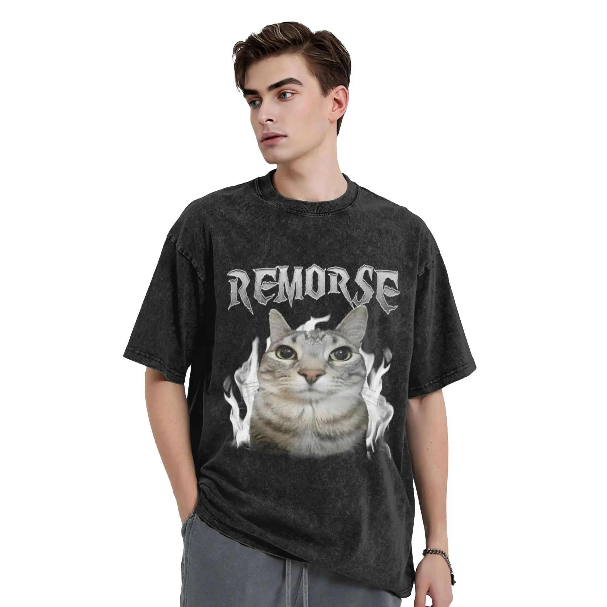 Remorse Funny Staring Cat Unique Comfort A Washed T Shirt Men's Women's Oversized Cotton Tees Tops