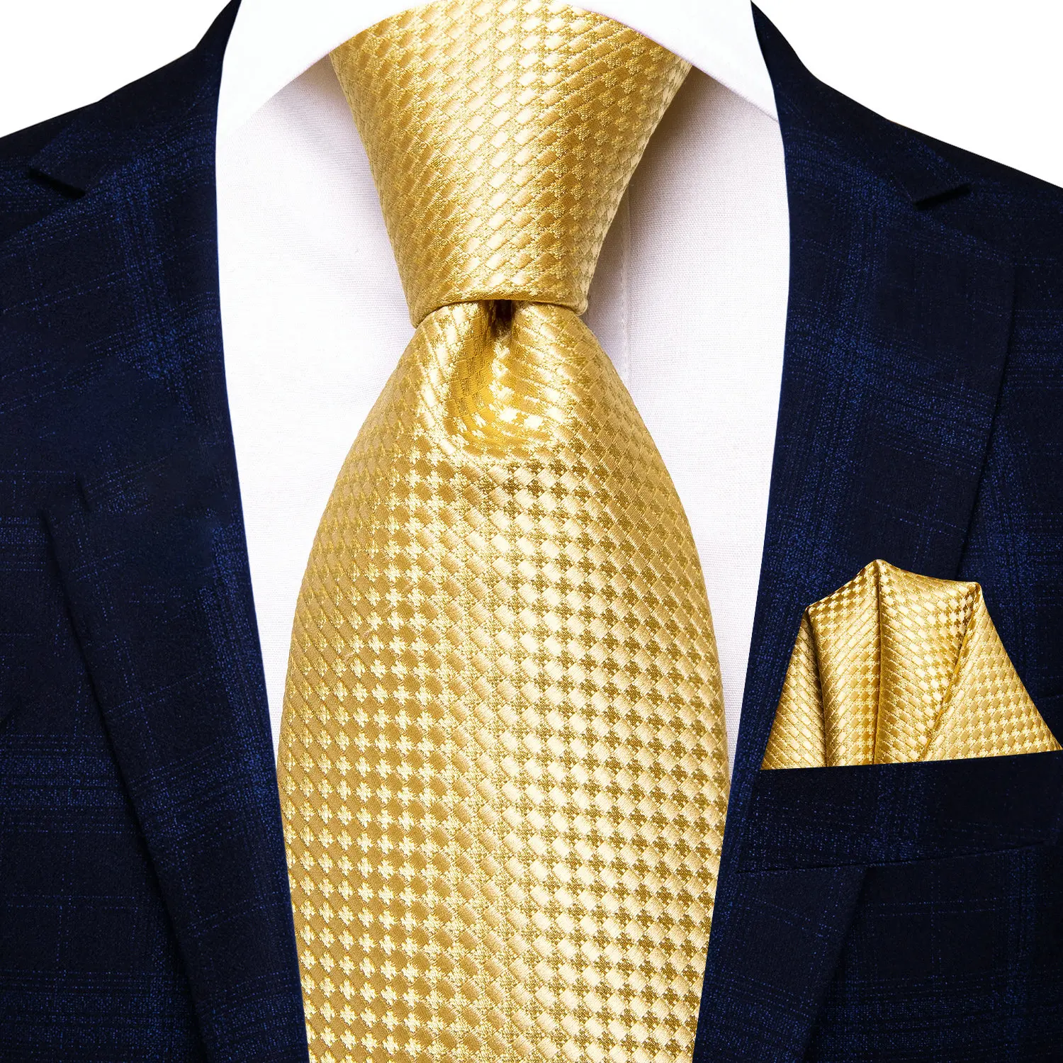 VERVEROW Formal Light Gold Check Tie Handkerchief Set For Men Office Ceremony