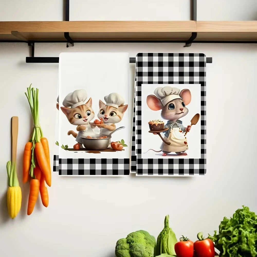 2 قطعة مناشف المطبخ |   تصميم الشيف كات آند ماوس منقوش |   40x60 سم |   فائقة الامتصاص لينة |   متعددة الاستخدام كمناشف الشاي/مناشف اليد